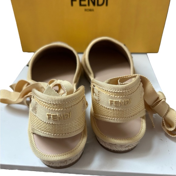 Fendi Yellow FF Logo Embroidered Fabric Ankle Wrap Espadrille Flats - Picture 6 of 7